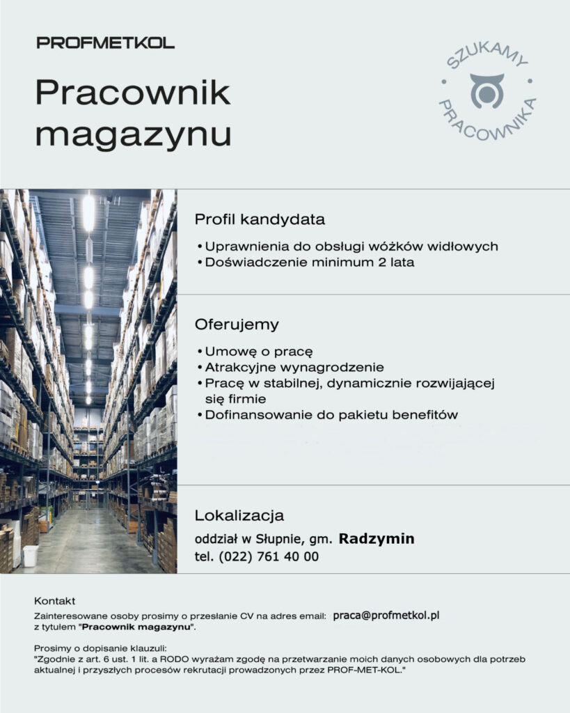 PROFMETKOL - oferta pracy Pracownik Magazynu